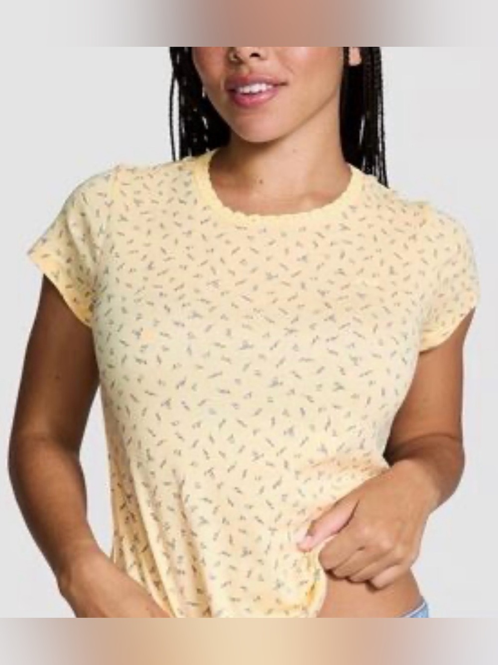 PINK|Victoria's Secret Tan Short Sleeve Ditsy Floral fitted tee,lace border•XXL